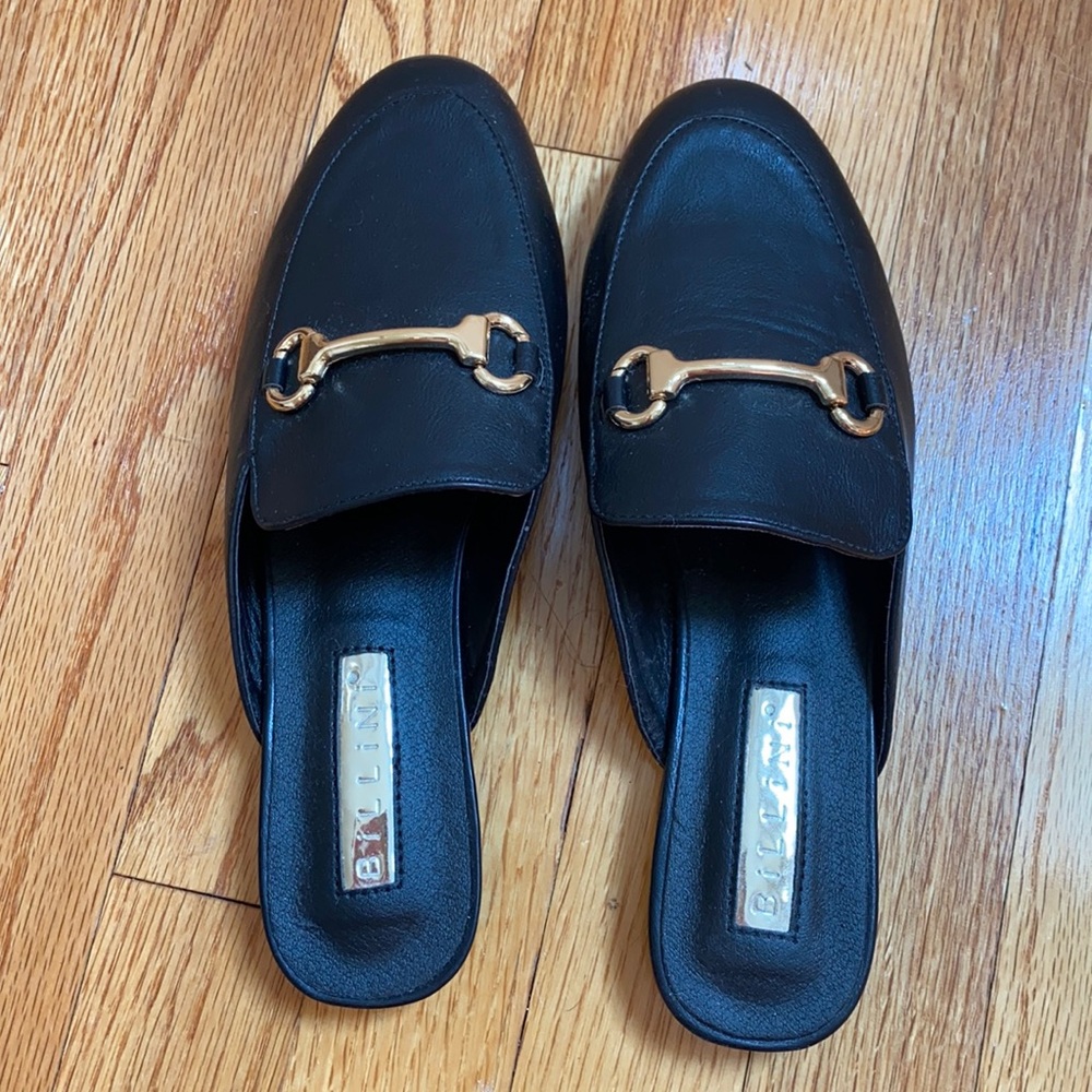NEW black mules with gold hardware
